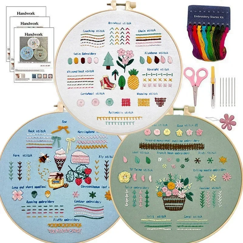 Embroidery Starter Kit for Beginners Adults 3 Sets Easy Stamped with Hoop Stitch Practice Set Gift for Hand Craft Lover