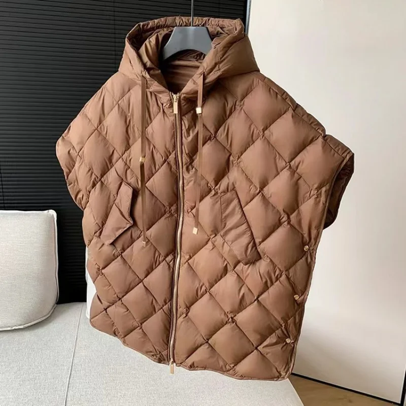 Winter Bat Sleeve Puffer Down Waistcoat Grid Loose Warm Fashion Hooded Sleeveless Coat 90% White Duck Down Streetwear Oversized