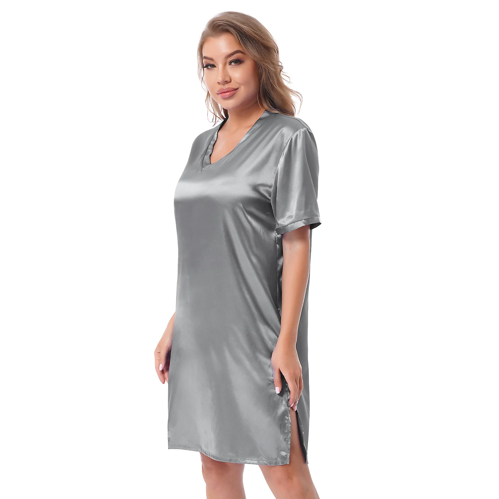Womens Sides Split Nightgown Shirt Robes Satin Sleepwear Pajamas V Neck Night Dress Home Clothes Nightwear Sexy Night Homewear