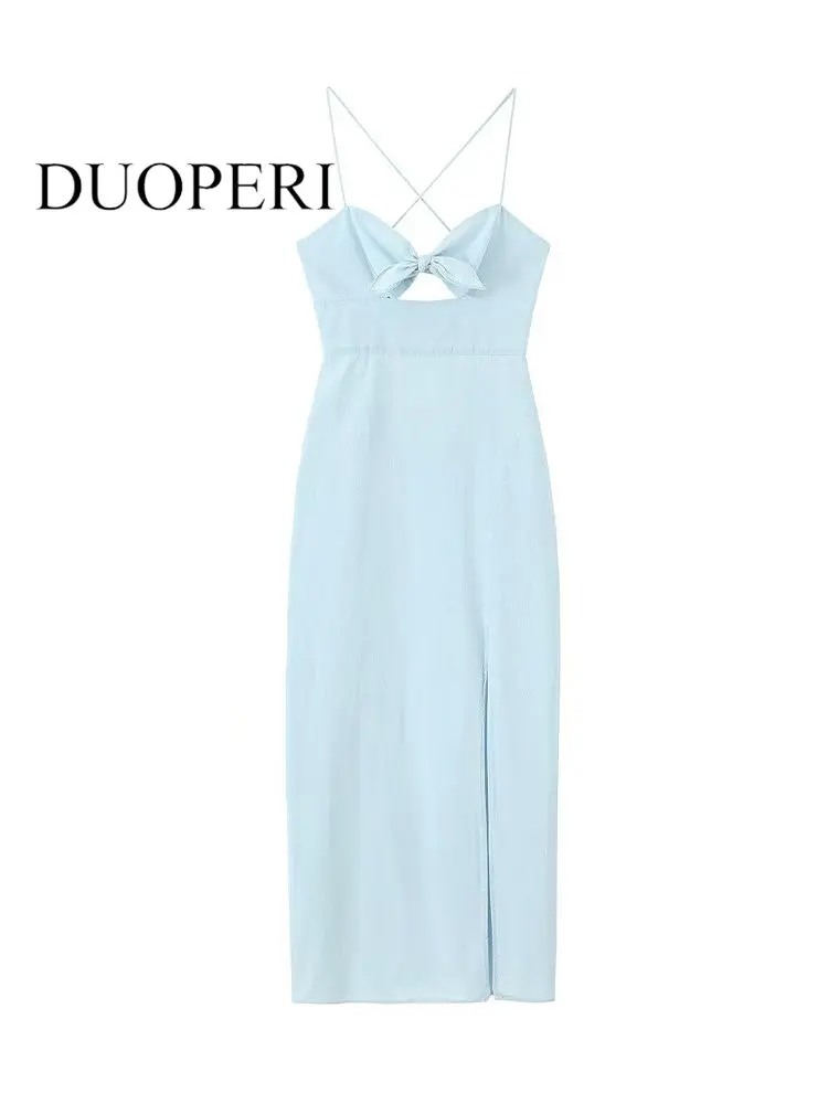 

DUOPERI Women Fashion With Bow Blue Hollow Out Slit Side Zipper Midi Dress Vintage Thin Straps Backless Female Chic Dresses