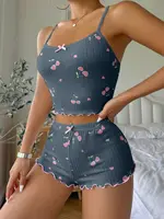 Women's Heart Print Sexy Ribbed Bow Decor Pajama Set, Round Neck Backless Comfortable Crop Cami Top & Shorts, Summer Nightwear - Image 6