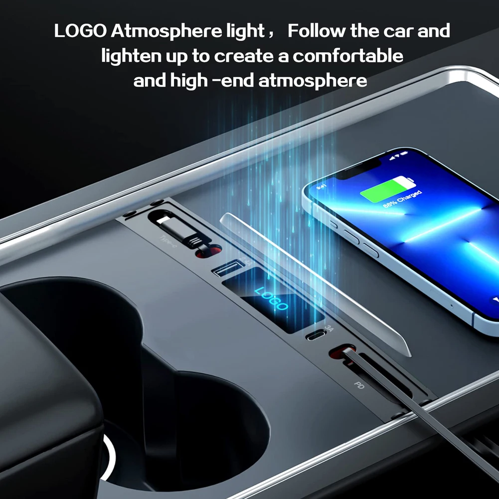 테슬라 모델 3 Y 도킹 스테이션 27W 빠른 충전기 USB LED 션트 허브 확장 센터 콘솔 4 포트 스마트 센서 2023