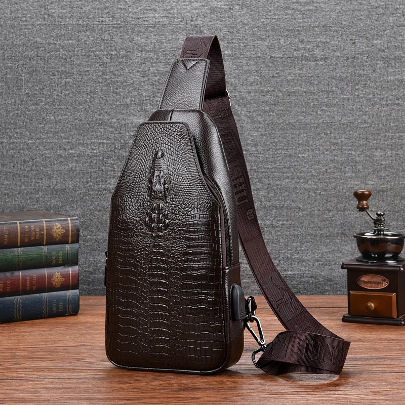 Men's Crocodile Pattern Fashion Business Sling Bag Chest Bag