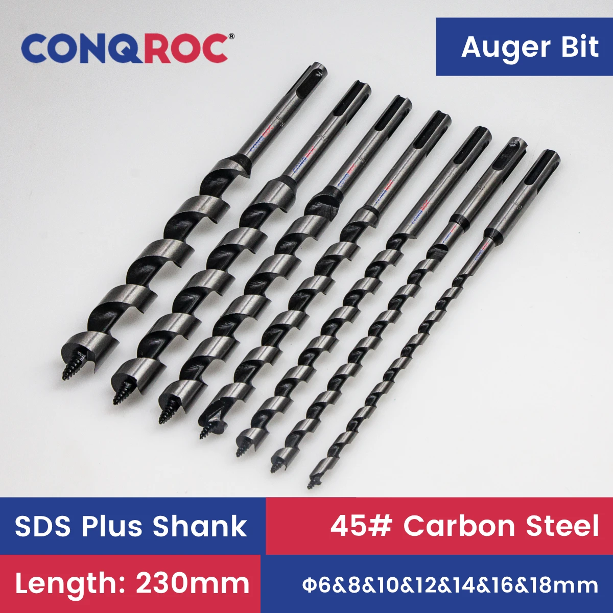 

Spiral-Flute Woodworking Auger Drill Bits Set SDS Plus Shank Length-230mm 7-Size Diameter-6~18mm Self-Centering Pole Bits