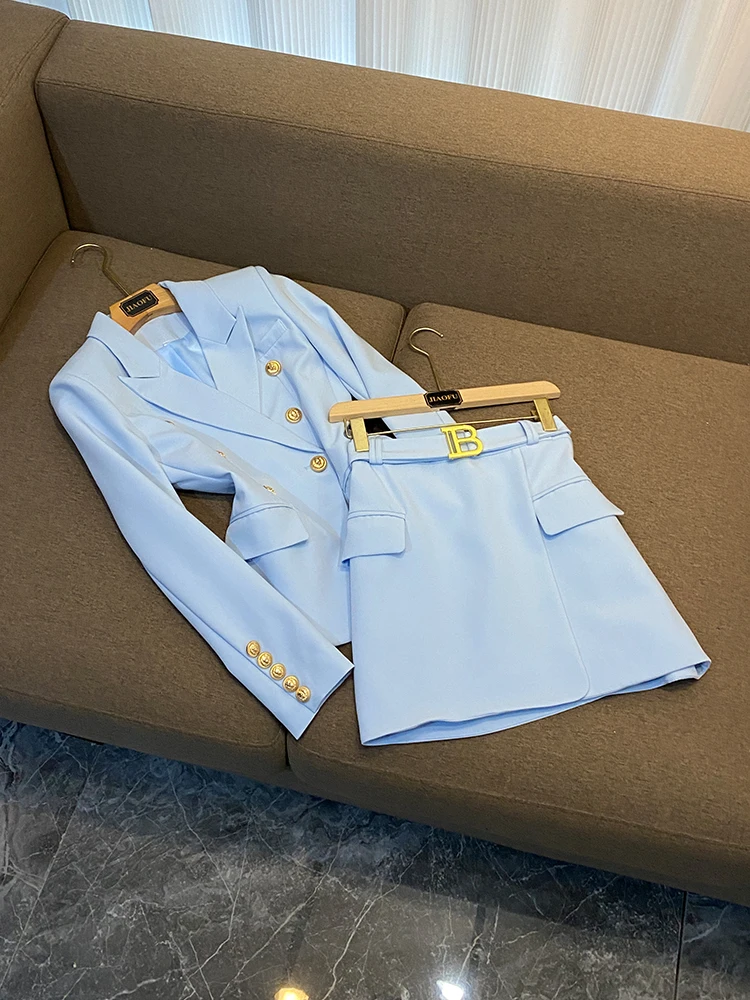 

Женский офисный костюм с юбкой-карандаш, голубой элегантный двубортный приталенный Блейзер с длинным рукавом и мини-юбка-карандаш, 2 шт.