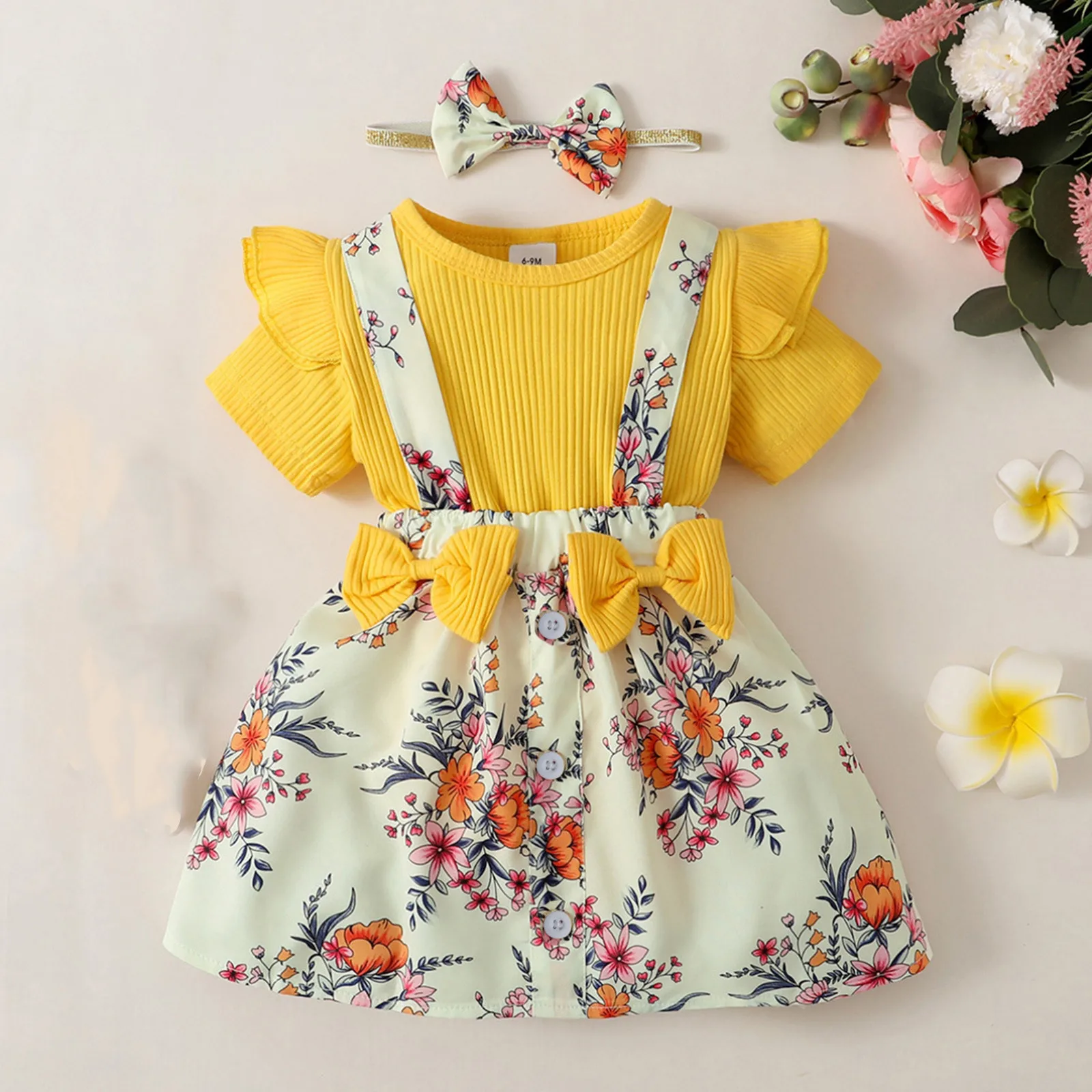 3pcs Newborn Baby Girls Clothes Sets Summer Short Sleeve Romper Bodysuit Top Floral Skirts 3 6 9 12 24 Months Headband Outfits 1