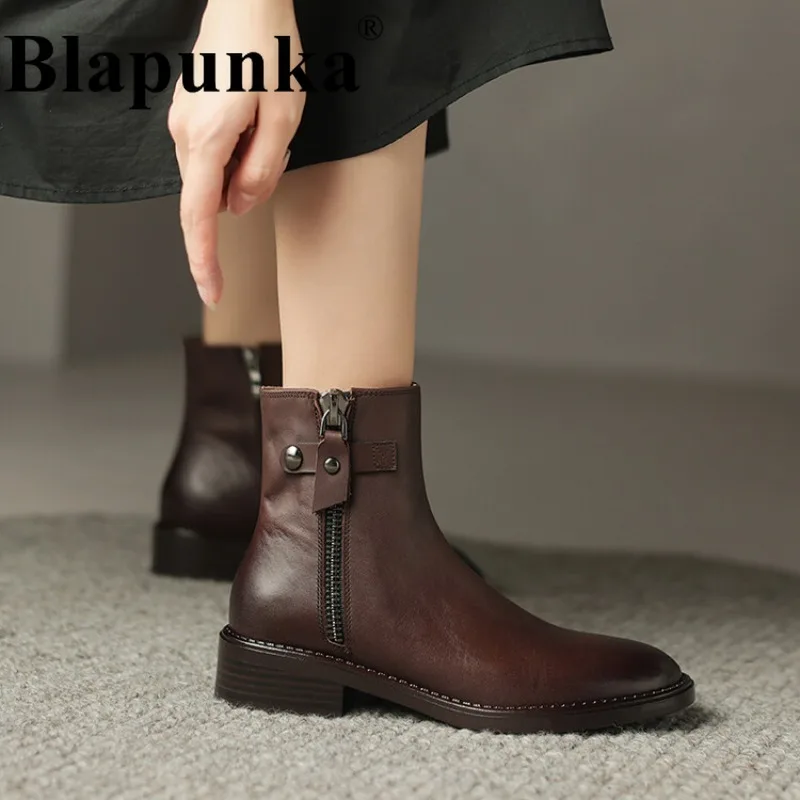 

Blapunka Women Genuine Leather Boots Punk Zipper Block Medium Heels Retro Short Boot 2024 Autumn Ladies Soft Comfort Shoes 34-41