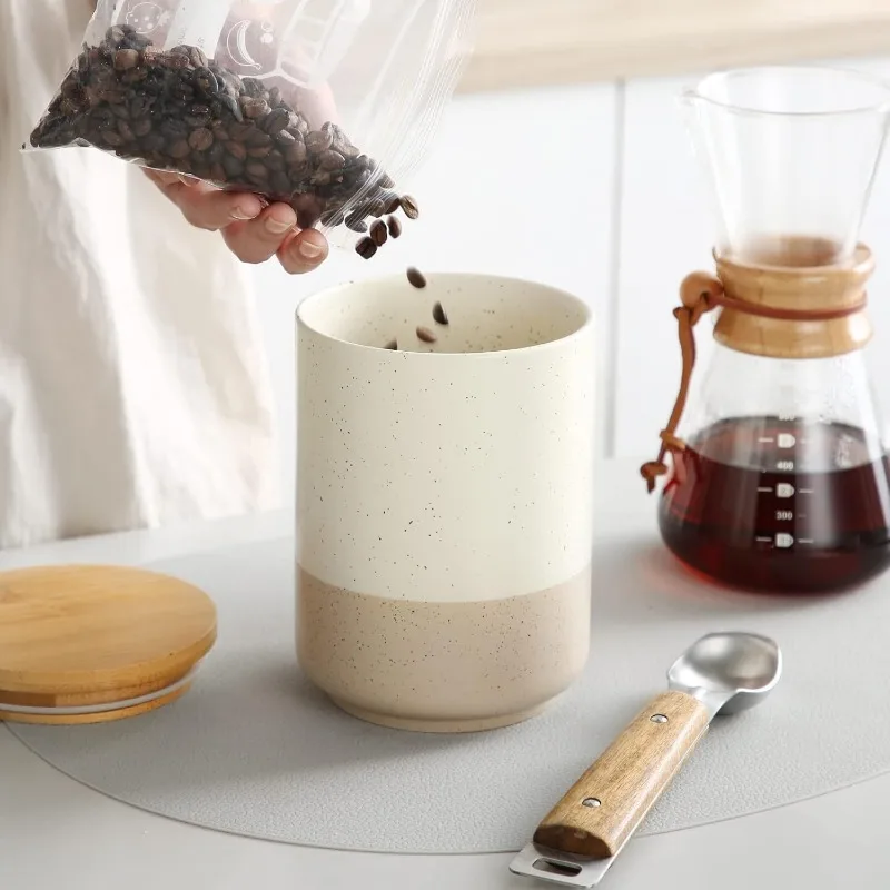 Sabine Ceramic Food Storage Jar, Kitchen Canisters with Airtight Seal Wooden Lid for Serving Ground Coffee, Tea, Sugar