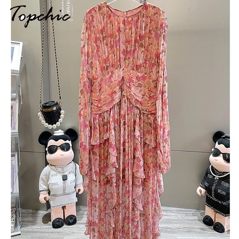 

High Quality Runway Designer Pink Printed Chiffon Dress for Women 2023 Elegant Ruffles O-neck Long Sleeve Pleated Maxi Dresses