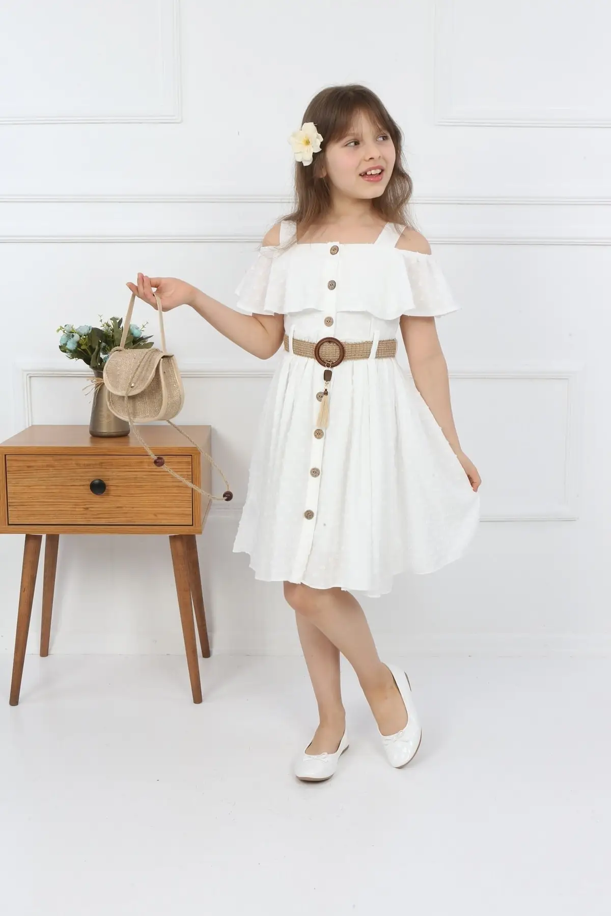 

Girl's Handbag Height to Button Dress Woven Linen Standard Blend Short Sleeve Trend Flat Color Regular White