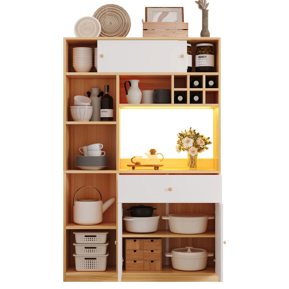 PINGGO Multifunktionaler Küchenschrank mit LED-Beleuchtung im Buffet-Stil 3-Türiger Stauraum für Mikrowelle und Besteck Naturfarben – Detail 13