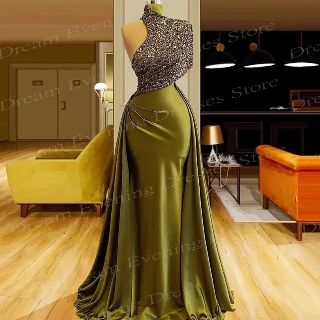 

2024 Graceful Dark Green Women's Mermaid Shiny Evening Dresses High Neck Sequined Prom Gowns Sleeveless Pleated Formal Occasion