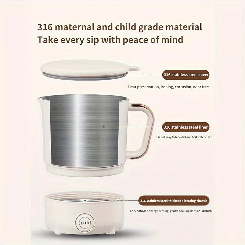 Portable Electric Kettle, 500W Fast Boil Kettle with Detachable Lid, 1 Count Stainless Steel Electric Water Cup for Home Office 4