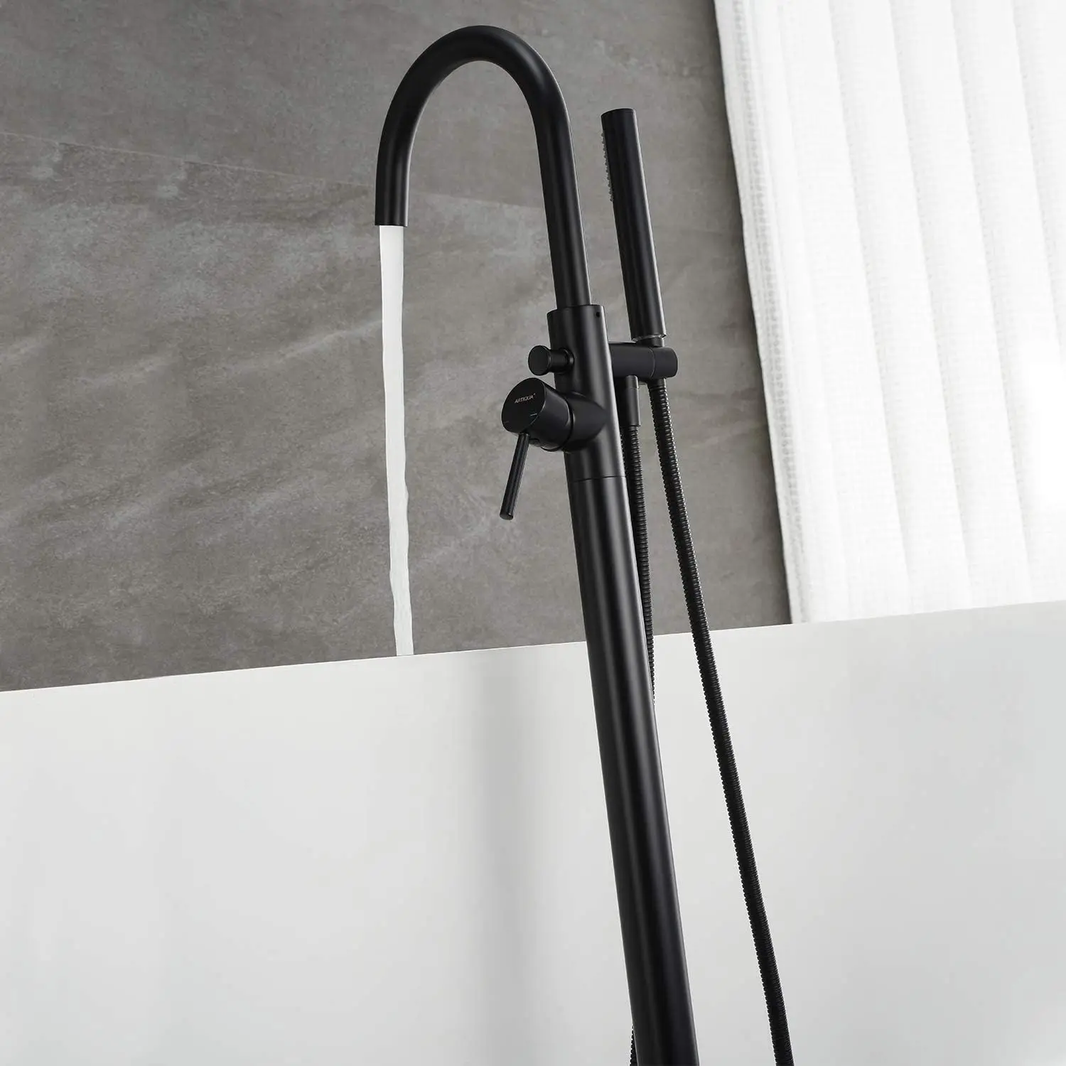 KEMAIDI Golden Plated Bathtub Filler Shower Roman Tub Faucet Set Free Standing Black Bath Shower Systerm Round Spout Mixer Tap