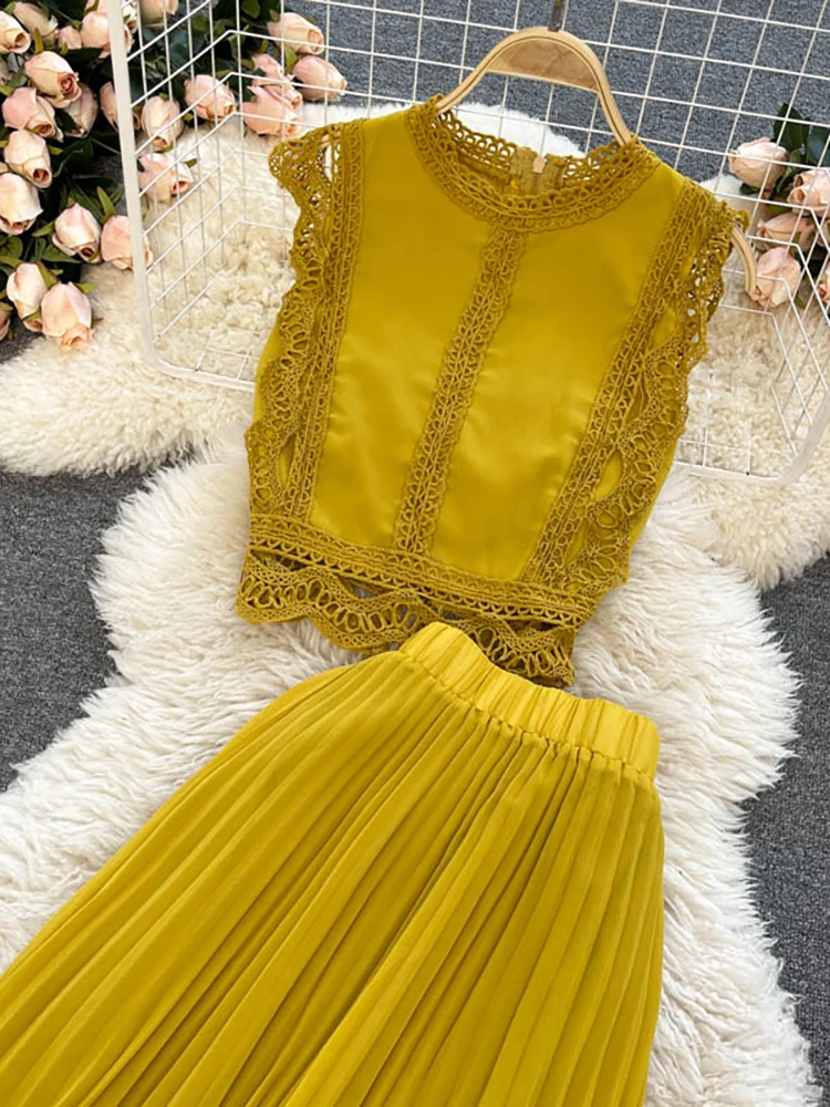 Purple/Yellow/Red Lace Chiffon Two Piece Set Women Vintage