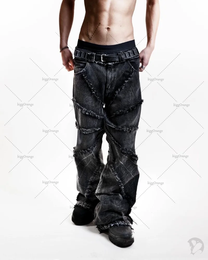 Джинсы Y2K мужские оверсайз с завышенной талией, черные брюки с широкими штанинами в стиле панк/американский уличный рок/Ретро, стирка с необработанными краями, 2023