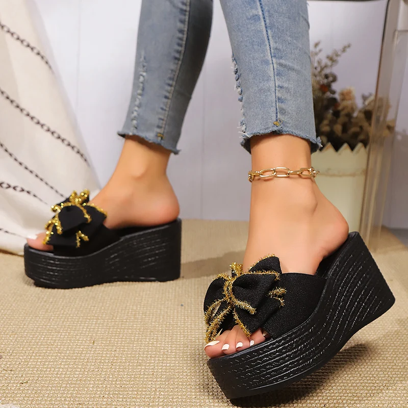 Fashion Big Bowtie Wedge Sandals Women 2025 Summer Outdoor Chunky Platform Slippers Woman Casual Thick Bottom Beach Shoes Slides