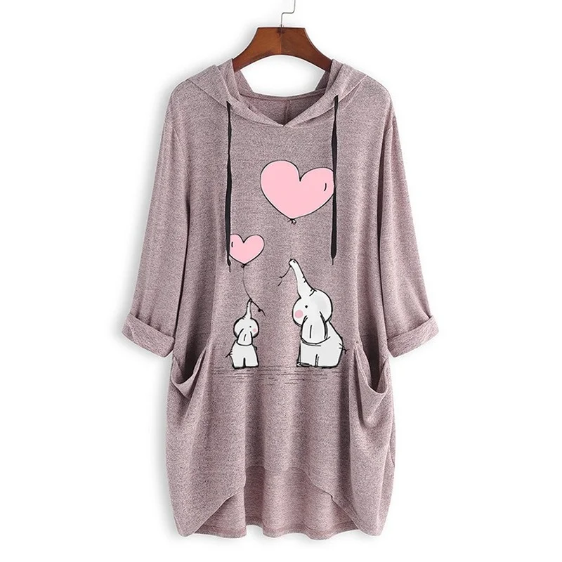 Spring Summer Long Sleeve Knit Hooded Sweater Pullover Loose Casual Irregular Hem Mid-Length Top