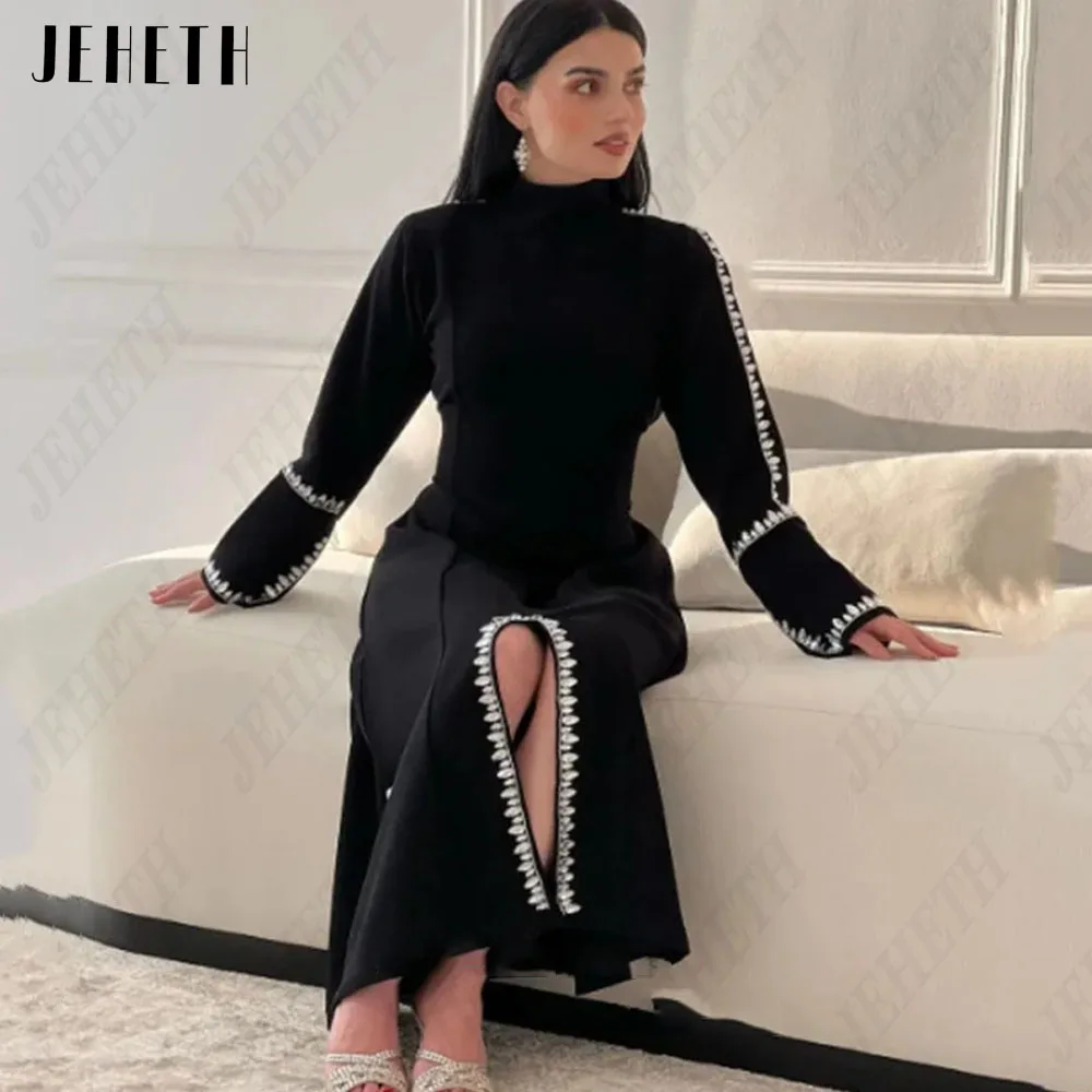 

JEHETH Elegant Long Sleeves Evening Dress For Saudi Women Satin Black Mermaid Prom Gowns Side Split فساتين سهره فاخره 2024