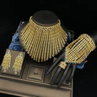 JRH Women's Gold Plated Dubai Jewelry 3Pcs Set Dainty Necklace Earrings Bracelet Ring Perfect Wedding Bridal Gift