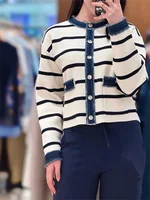 Women's Striped Knitted Cardigan Coat Versatile Contrasting Denim Patchwork Trim Female Single-Breasted Knitwear Jacket Tops 1
