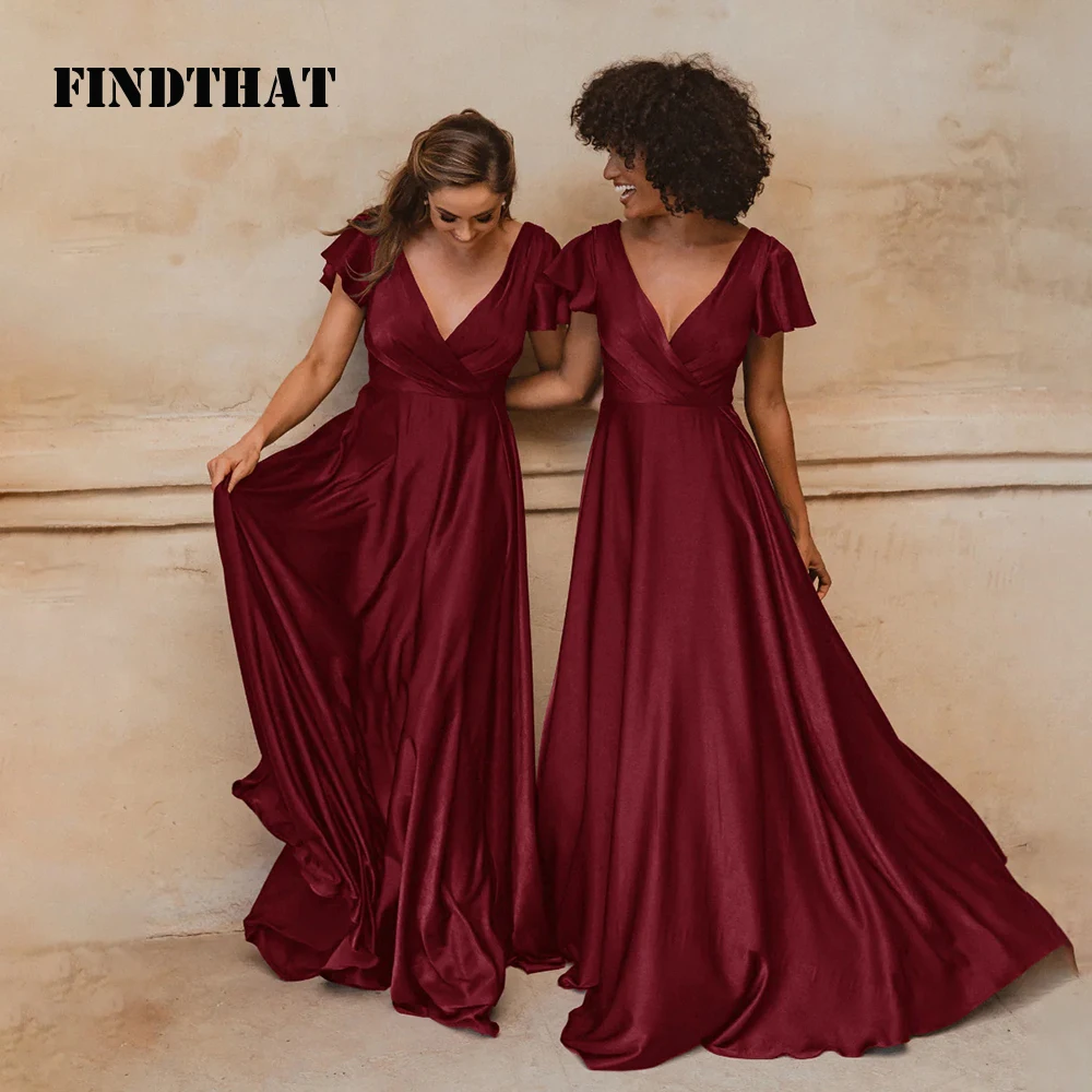 Findthat Elegant V-Neck Satin Bridesmaid Dresses Wedding Short Sleeves A-Line Evening Party Gowns Floor Length Custom
