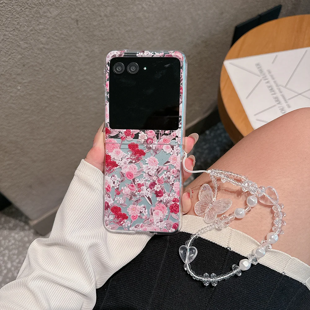 Transparent Flower Folding Case with Bracelet - Shockproof Hard Cover Accessories