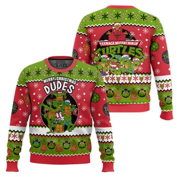 Turtle Leo Donnie Raph and Mikey Ugly Christmas Sweater Funny Holiday Party Pullover Plus Size Sweater for Men Women Xmas Gift