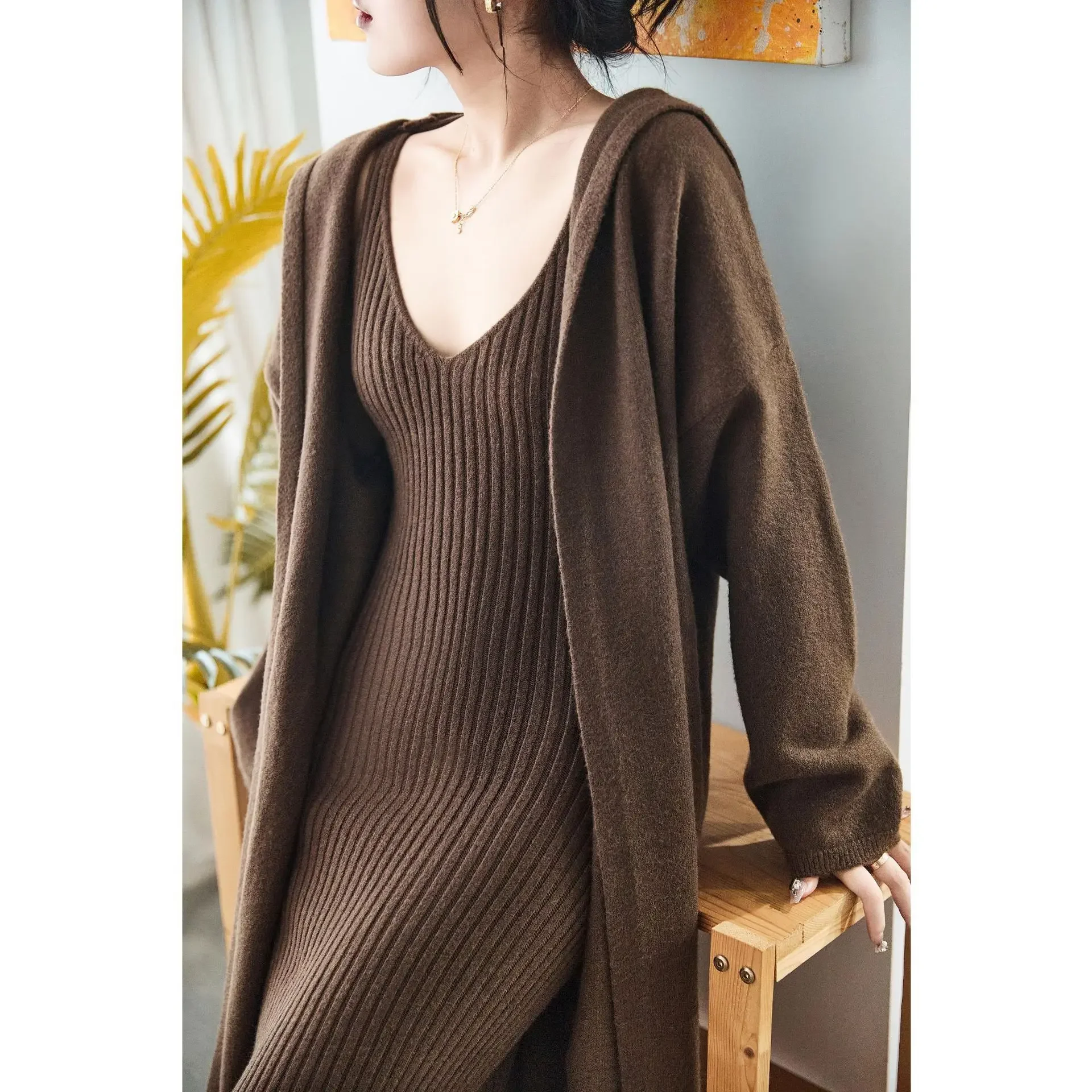 Dress Heavy Knit Long Cardigan Sweaters Women Set Autumn And