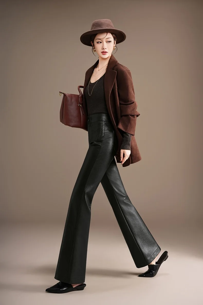 ZUZK Fashion Slimming Pu Leather Flare Pants New Women High Waist Flare Pants PU Leather Trousers Large Size Fashion Warm Pants 77 S6d86b887c5084f31996ad18b6b2ab3803