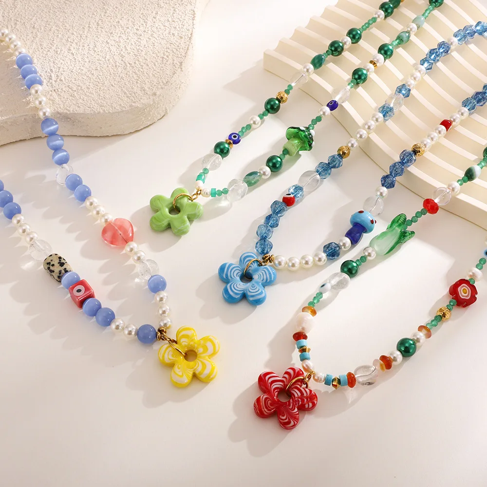 Summer Multicolour Transparent Beads Short Necklace Resin Flower Pearl Handmade Beading Evil Eye Clavicle Choker Beach Jewelry
