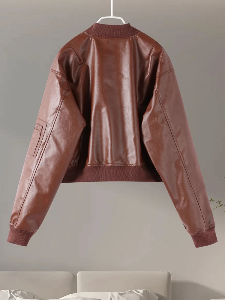 Vintage Imitation Leather Bomber Jacket Women O-neck Zipper Pockets Loose Short Coat 2024 Autumn Lady High Street Outwear 5