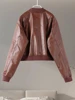 Vintage Imitation Leather Bomber Jacket Women O-neck Zipper Pockets Loose Short Coat 2024 Autumn Lady High Street Outwear 5