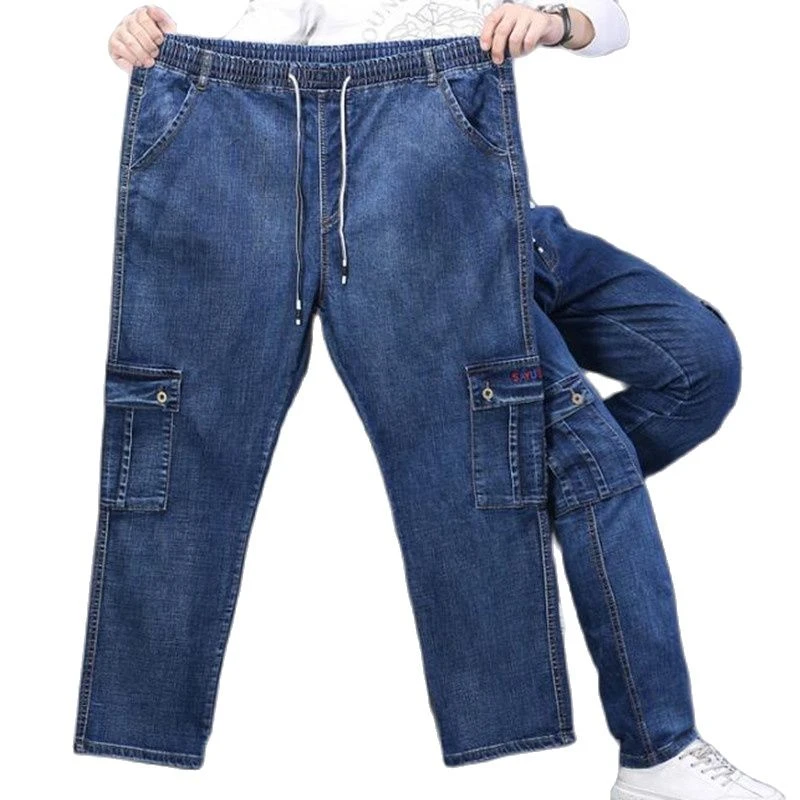 Aliado Masacre No complicado Pantalones vaqueros de cintura alta para hombre, vaqueros rectos de talla  grande, negros, con múltiples bolsillos laterales, azul, con banda elástica  suelta|Pantalones vaqueros| - AliExpress