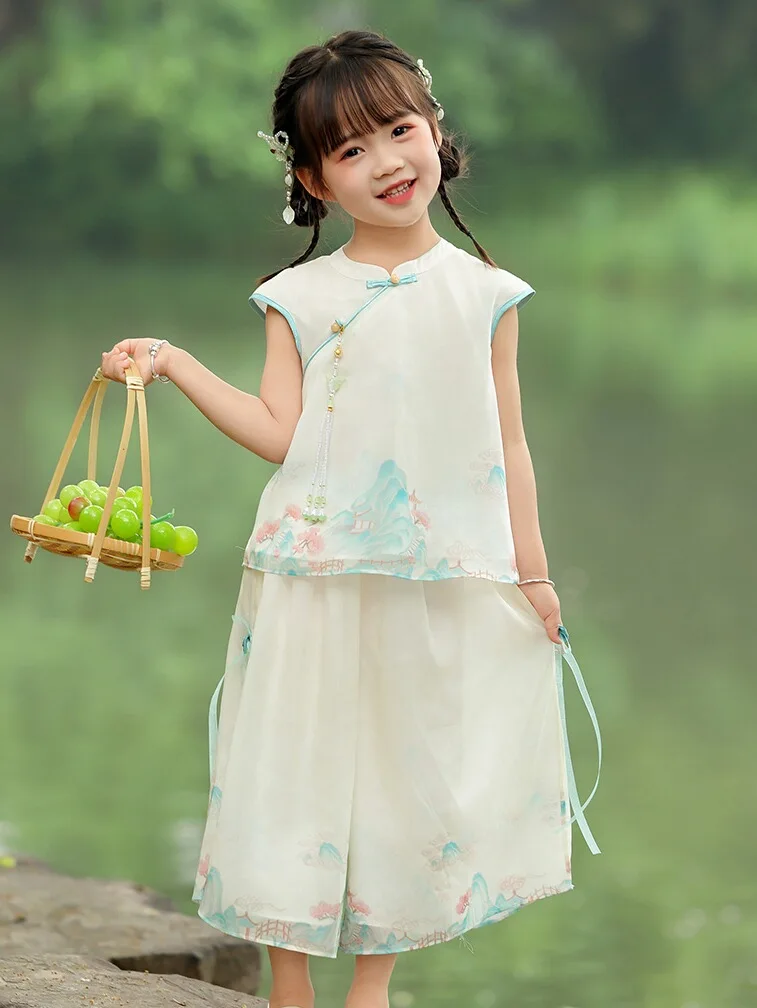 

Girls' Han Chinese Costume Children's Clothing Summer Suit Chinese Style Thin Girl Pants Republic of China Tang Costume