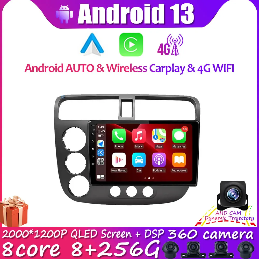 

9" Autoradio Android 13 For Honda CIVIC 2000-2006 LHD Navigation GPS Car Radio Multimedia Video Player DSP RDS Bluetooth Carplay