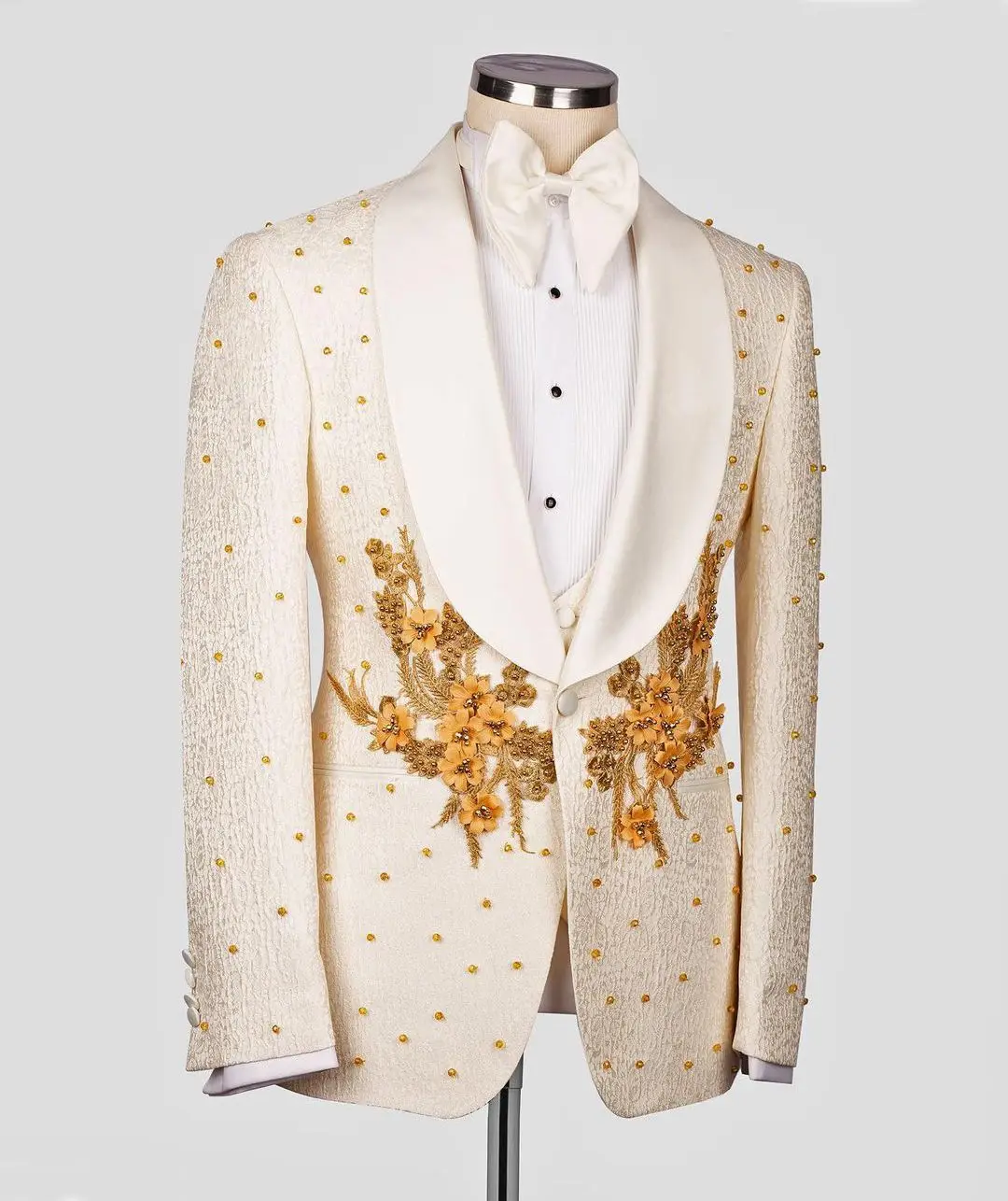 Beads Appliques Pearls 2 Pieces Jacquard Blazer Vest Men Suits Double Breasted Wide Lapel Formal Prom Wedding Groom Tailored