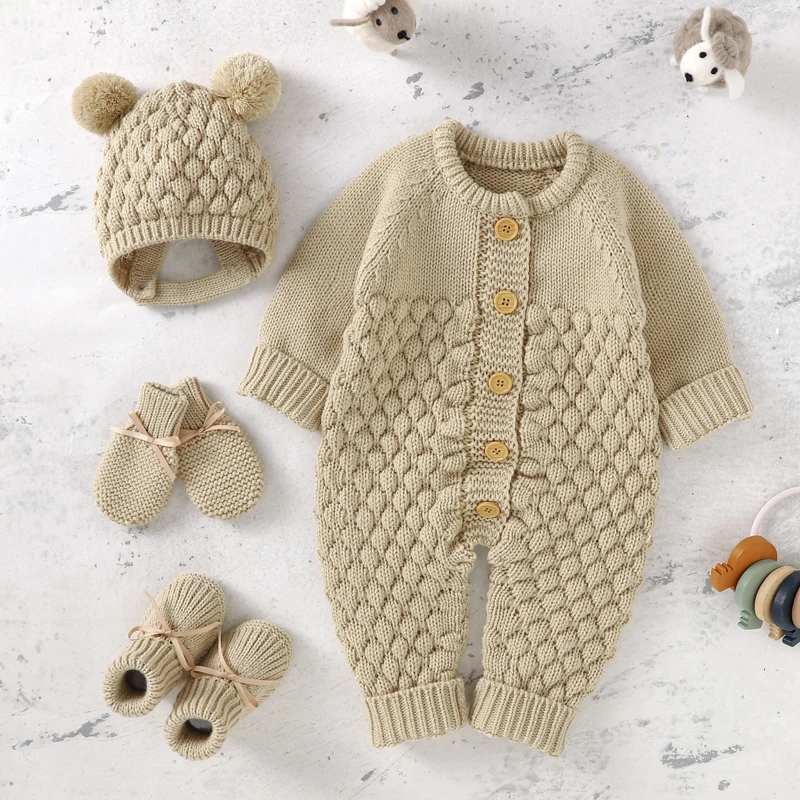 Newborn Baby Romper Shoes Gloves Set Knit Girl Boy Jumpsuit Boot Mitten Solid Toddler Infant Long Sleeve Clothing 4PC Fall 0-18M 6