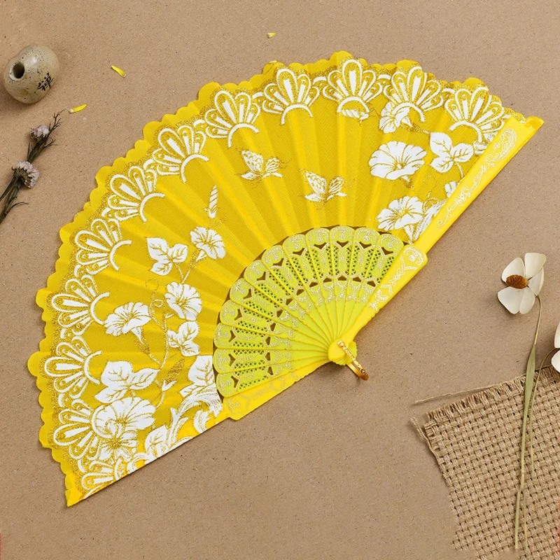 Chinese Style Folding Fan Vintage Portable Hand Held Fan Plastic Flower Printed Female Dance Art Props Decoration