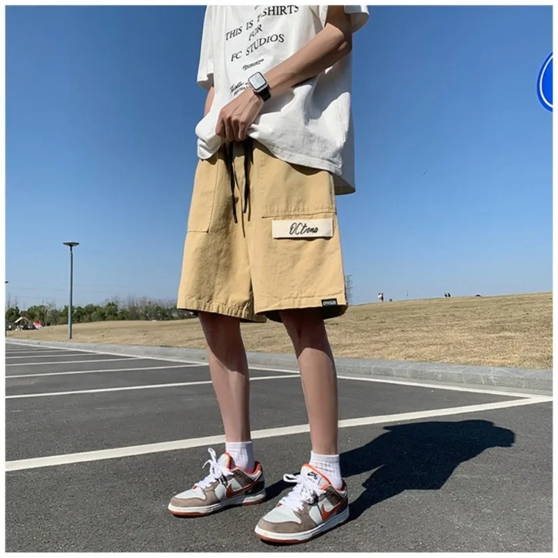 Men's 2024 Summer New Patchwork Elasticized Drawstring Pockets Fashion Solid Color Letters Loose Comfortable Casual Shorts