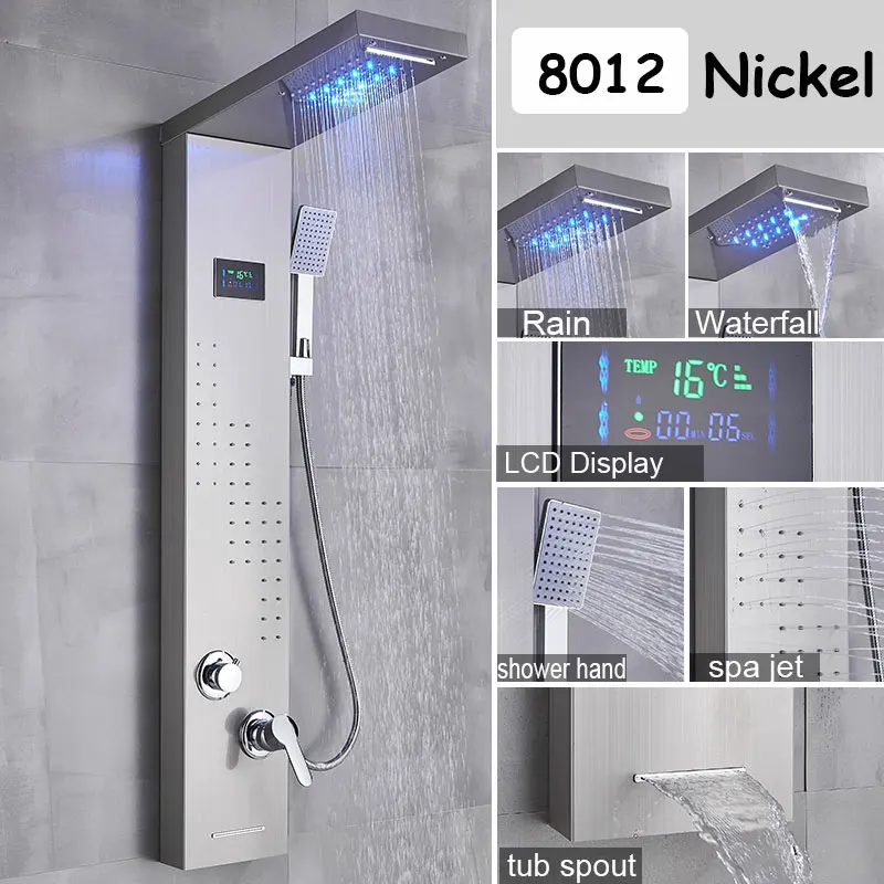 Panel de ducha torre LED agua cascada masaje cuerpo sistema grifo agua  caliente y fría mezcla grifo columna de ducha-Negro-A