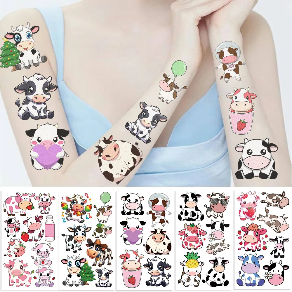 10Pcs Cartoon Colorful Cows Temporary Tattoo Stickers Fake Cow Tattoos Stickers Waterproof Funny For Kids Birthday Gift