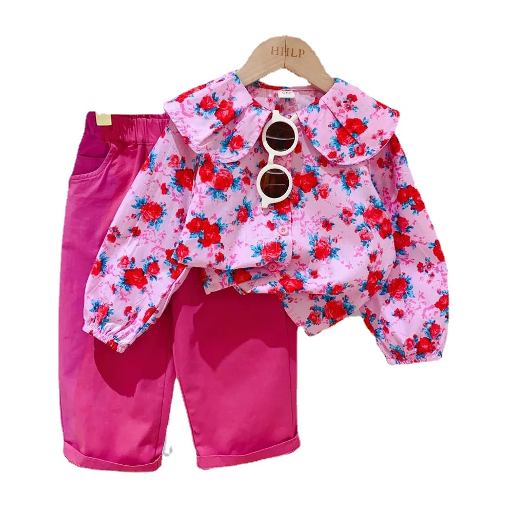 

Children's Clothes 2023 Girls New Spring and Autumn Big Flowers Lotus Leaf Fashion Shirt Casual Straight Pants Two-piece Set