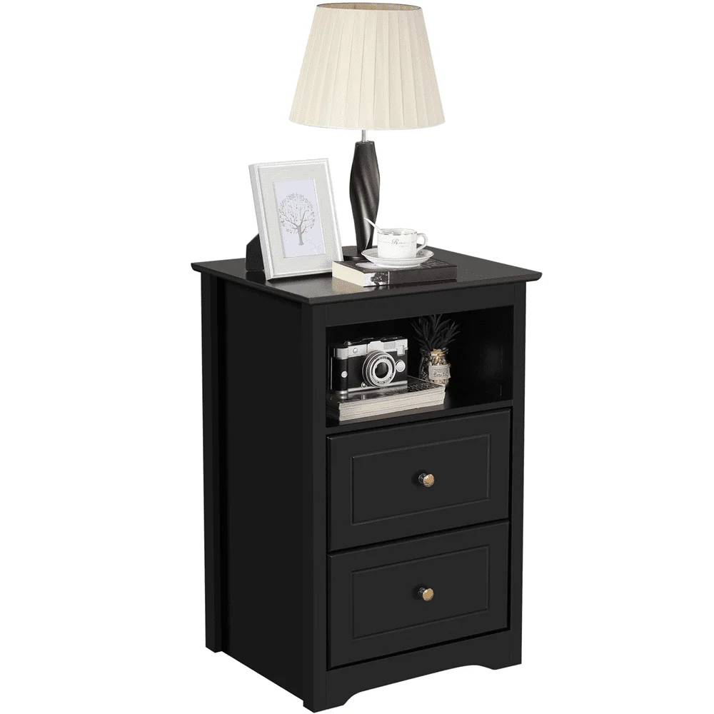 

Easyfashion Luxurious refined fashionable and elegant Wooden Nightstand with Storage Drawers and Open Shelf Black