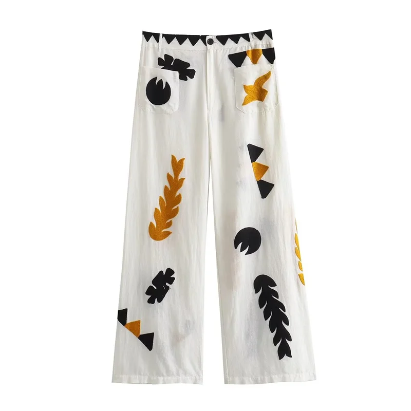 

2023 New Women Pocket Decoration Embroidery Pants Spring&Autumn Fashion Versatile Printing Comfortable Wide Leg Pants