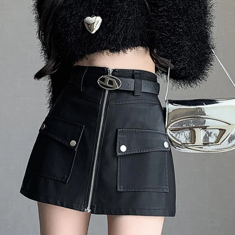 Women Skirts Autumn and Winter Niche Pockets Versatile Short Skirt Design Zipper PU Leather Skirt Female Sexy Mini Skirt