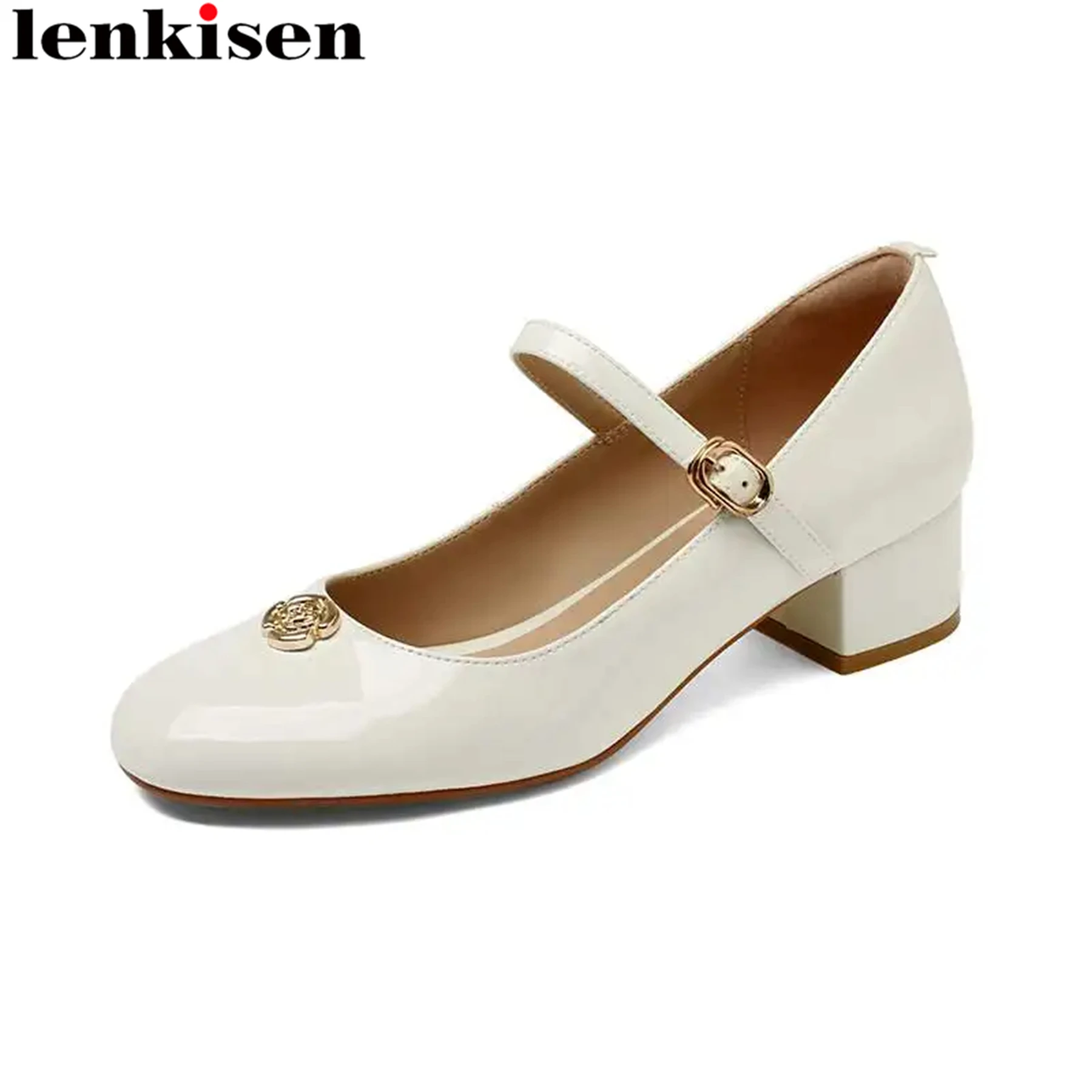 

Lenkisen 2024 Patent Leather Shallow Round Toe Office Lady Mary Janes Med Heels Spring Autumn Shoes Party Sweety Women Ins Pumps