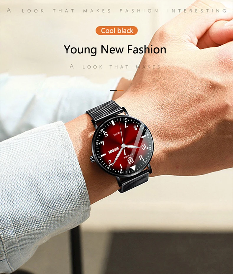 QINGXIYA Mens Fashion Watches Ultra Thin Men Business Stainless Steel Mesh Belt Quartz Watch Luminous Clock Relogio Masculino