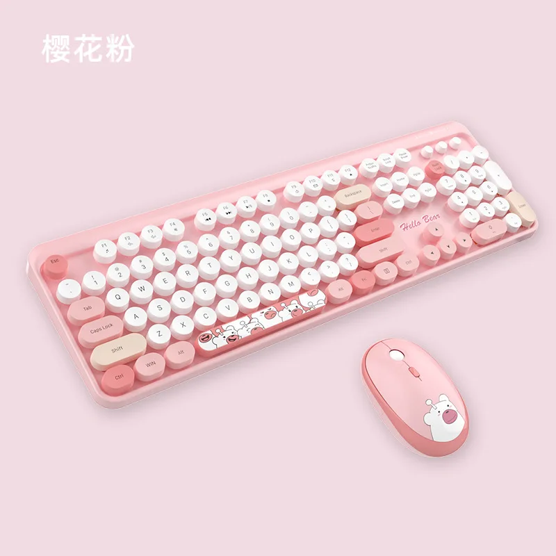 

2.4G Wireless Keyboard Set Cute Bear Mixed Candy Color Roud Keycap Keyboard and Mouse Comb for Laptop Notebook PC Girls Gift