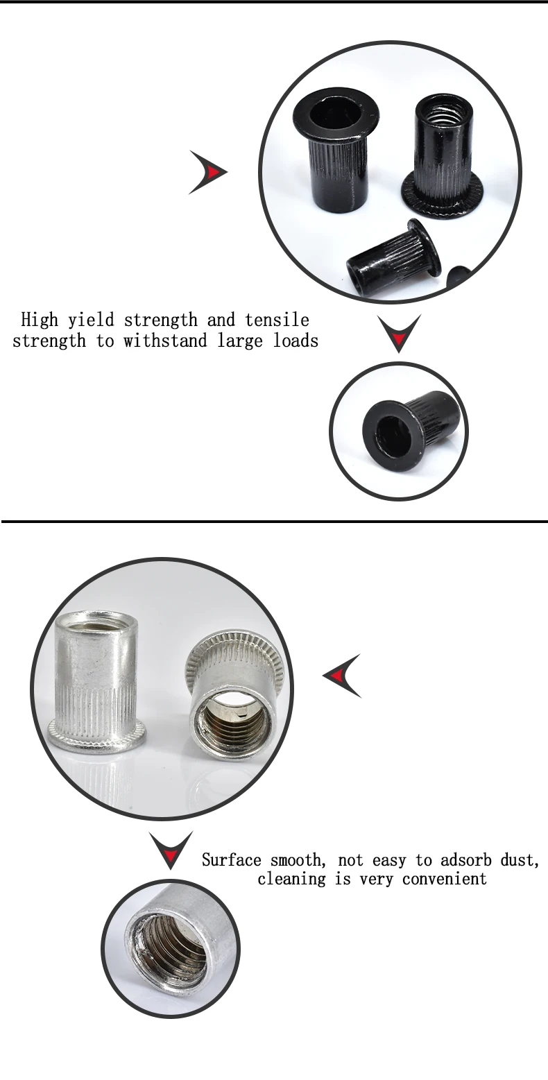 Description Picture 5 of itemM3 M4 M5 M6 M8 M10 304 Stainless/Carbon Steel/Zinc Pop Rivet Nut Flat Head Threaded Nuts Metal Aluminum Alloy Flange Rivet Nuts